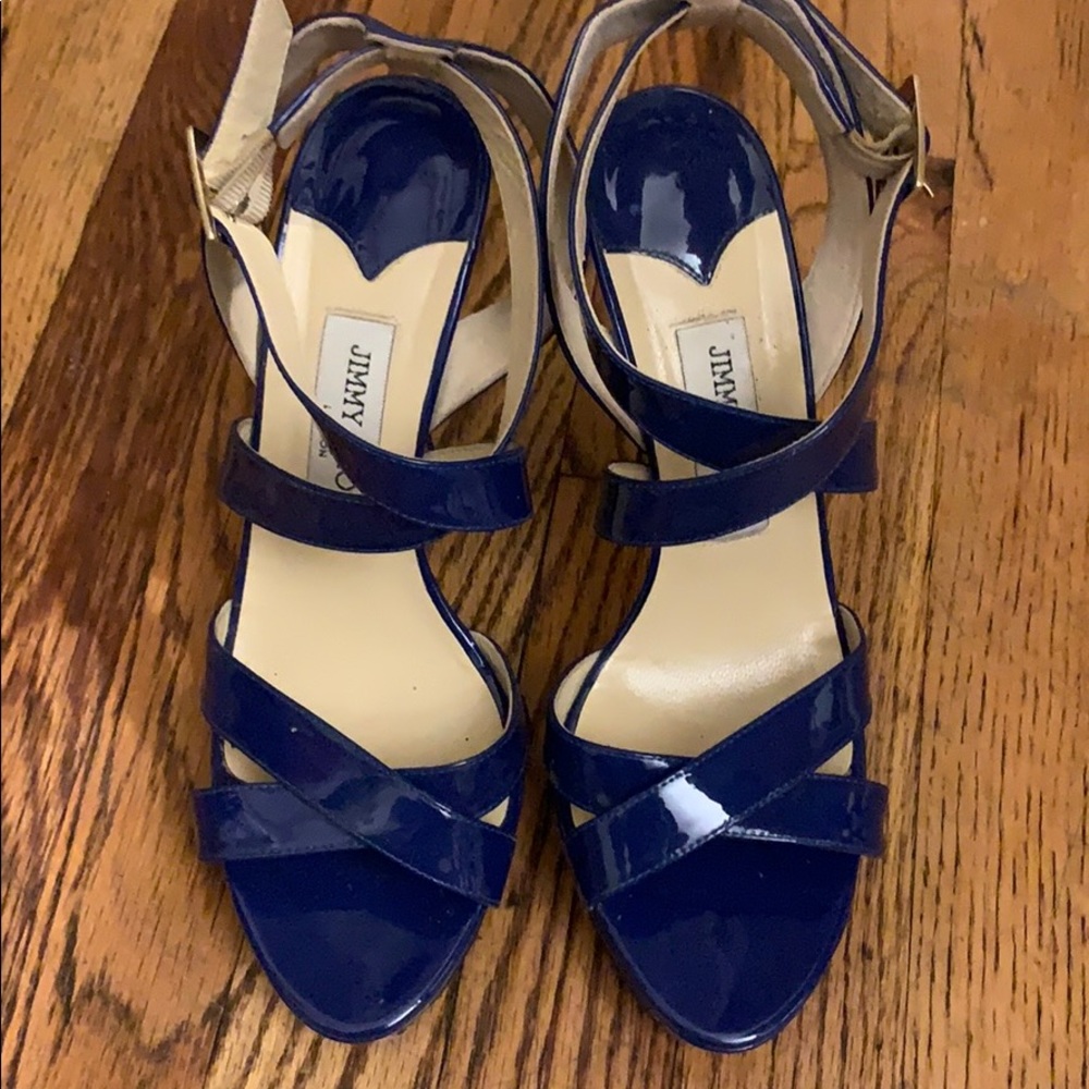 Jimmy Choo blue patent crossover Sandals